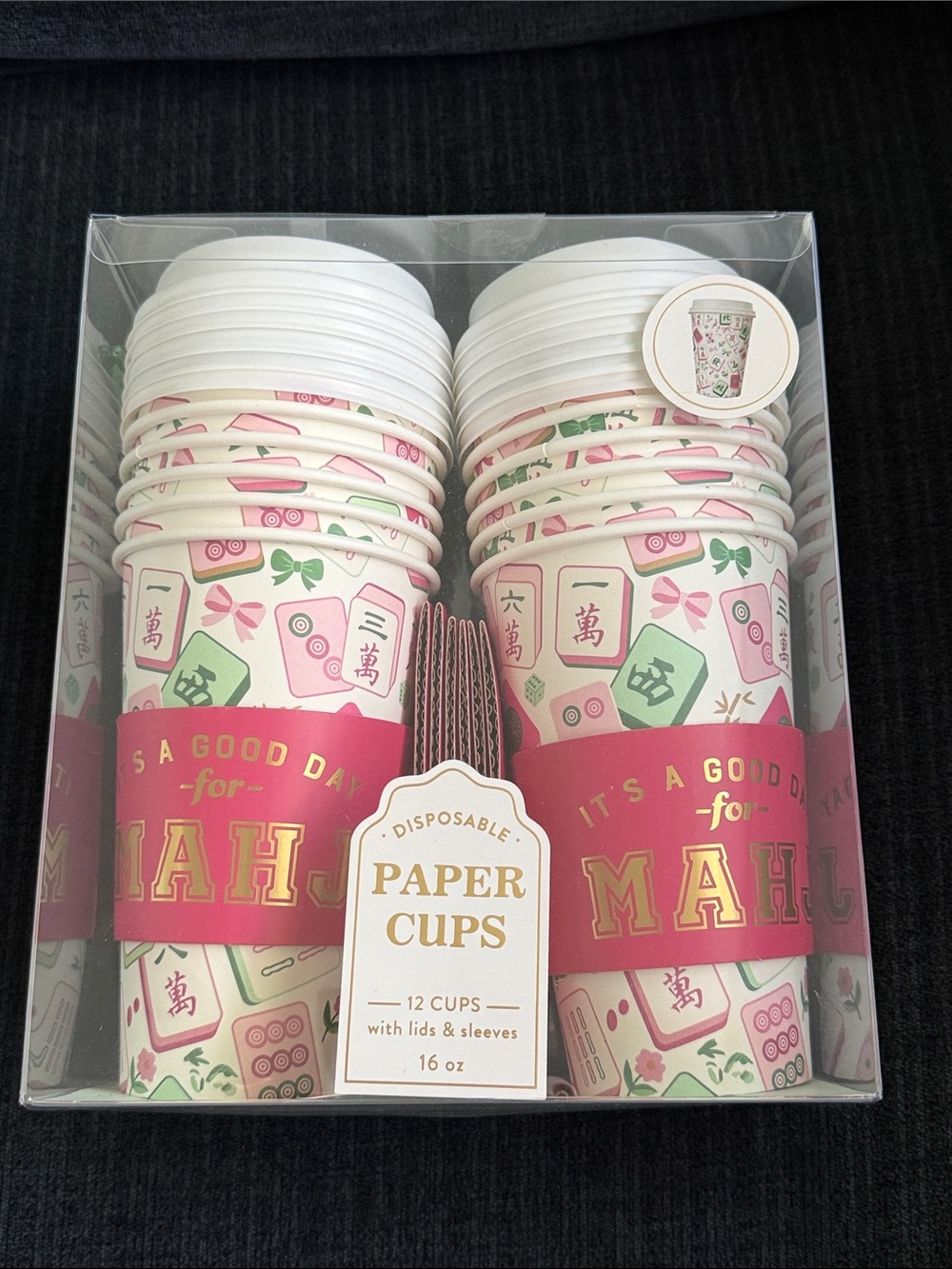 Disposable Mahjong Party Paper 16oz Cups with Lids - Pink and Green - 12 Pack
